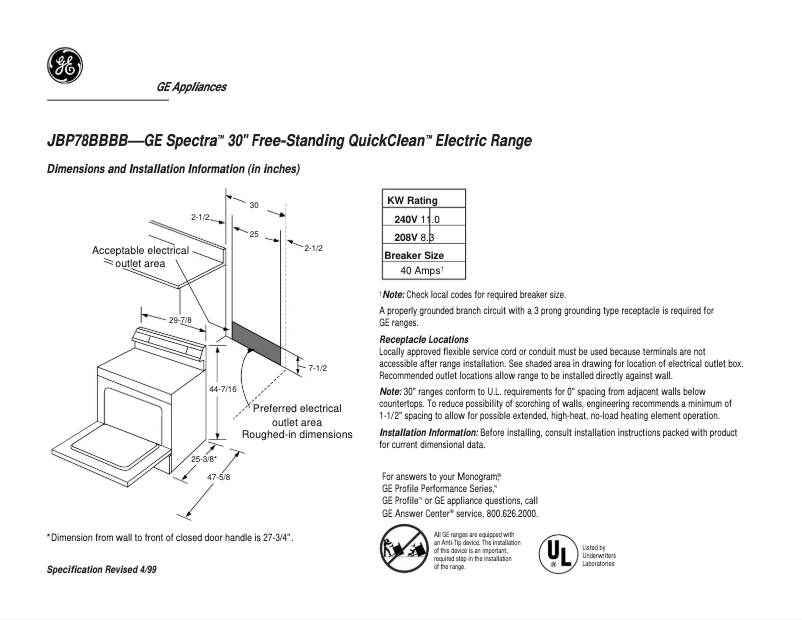 Página 1 del manual Ficha técnica GE Spectra JBP78SDSB