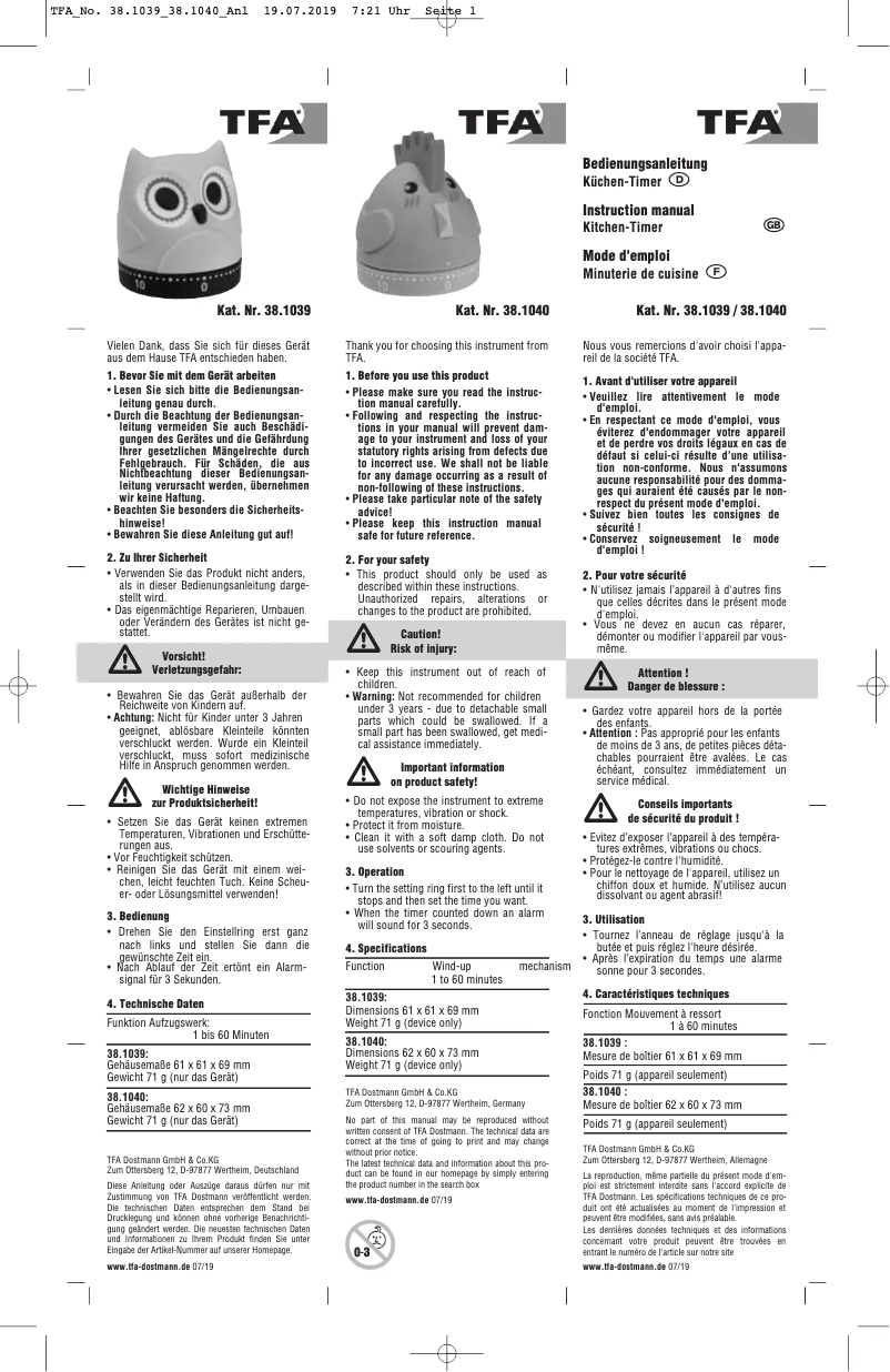Page 1 de la notice Manuel utilisateur TFA Eule 38.1039
