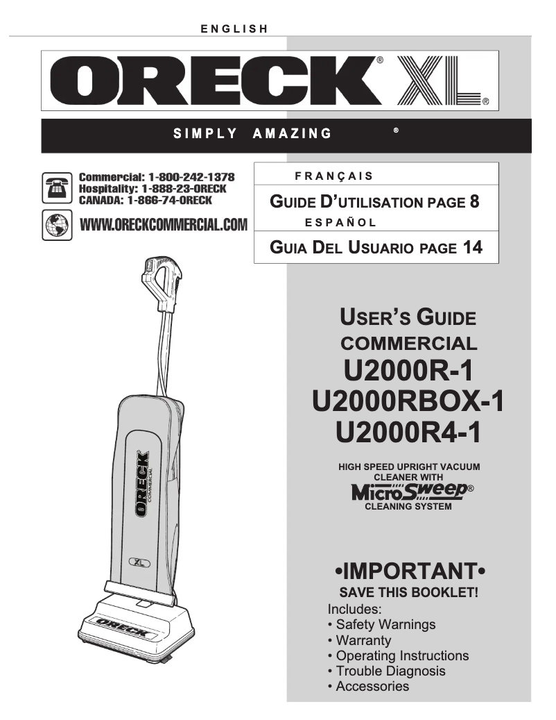 Page 1 de la notice Manuel utilisateur Oreck U2000R-1