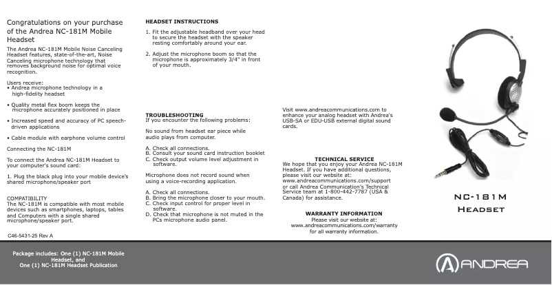 Page 1 de la notice Manuel utilisateur Andrea NC-181M