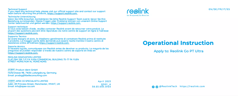 Page 1 de la notice Manuel utilisateur Reolink Go PT Ultra