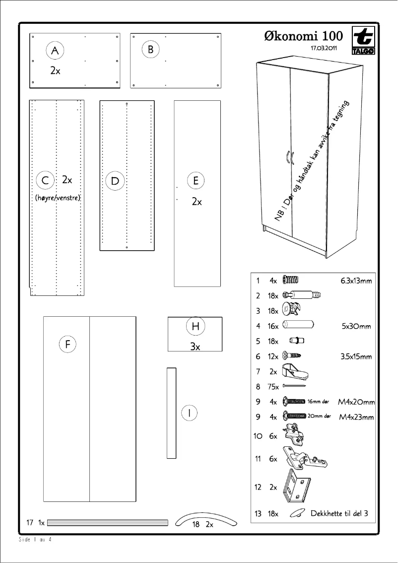 Page 1 de la notice Manuel utilisateur Talgø Okonomi (100cm)
