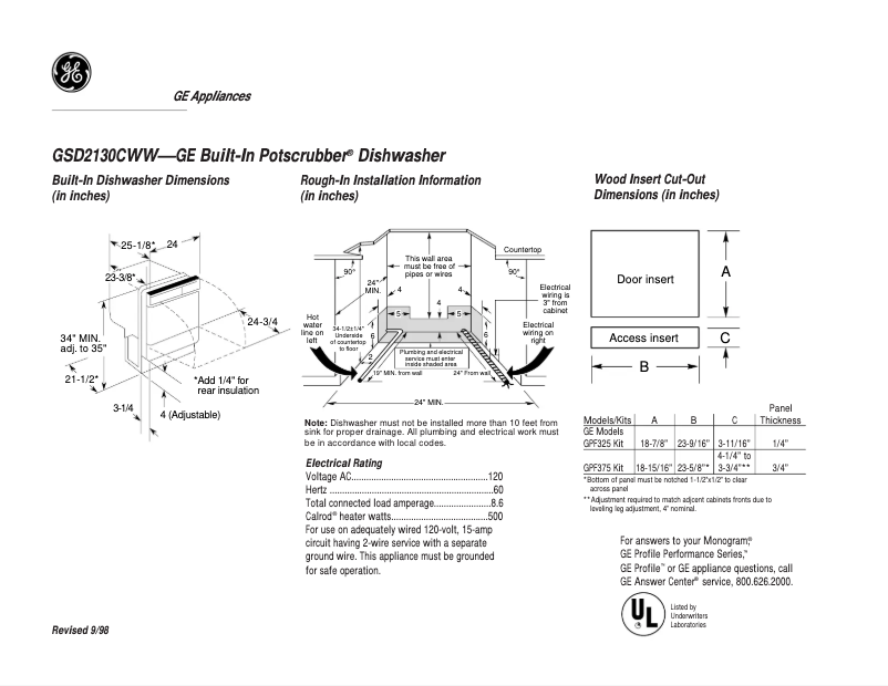 Page 1 de la notice Fiche technique GE GSD2130CWW