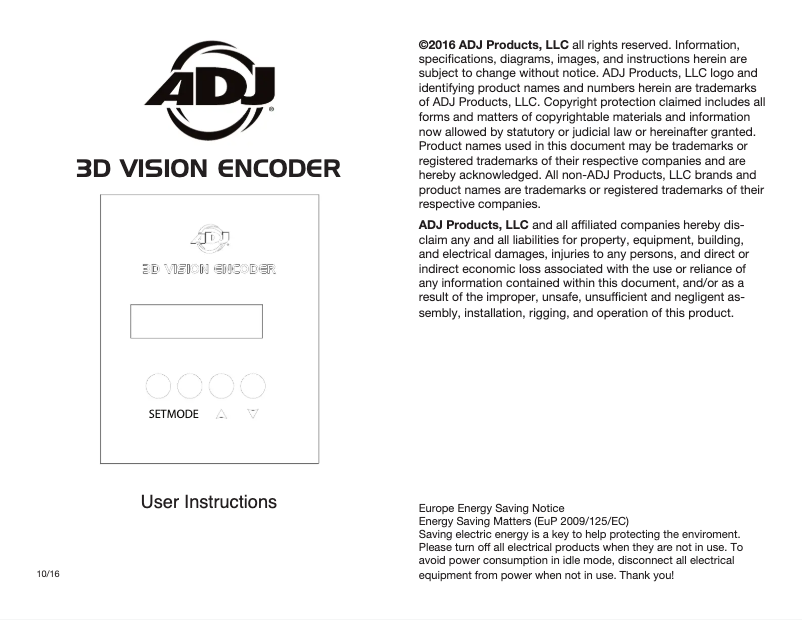Page 1 de la notice Manuel utilisateur Adj 3D Vision Encoder