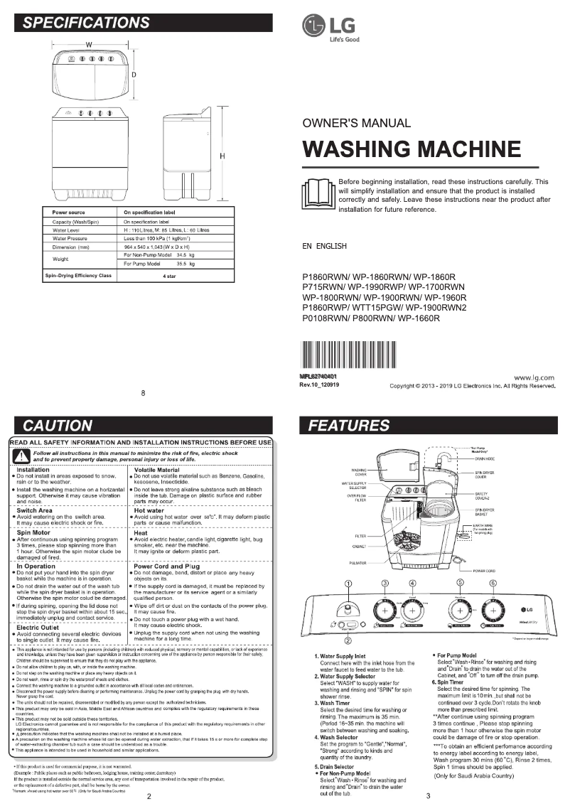 Page 1 de la notice Manuel utilisateur LG WP-1900RWN