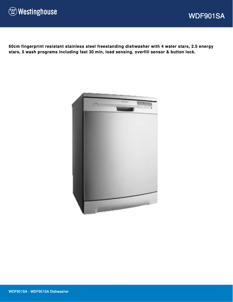Page 1 de la notice Fiche technique Westinghouse WDF901SA