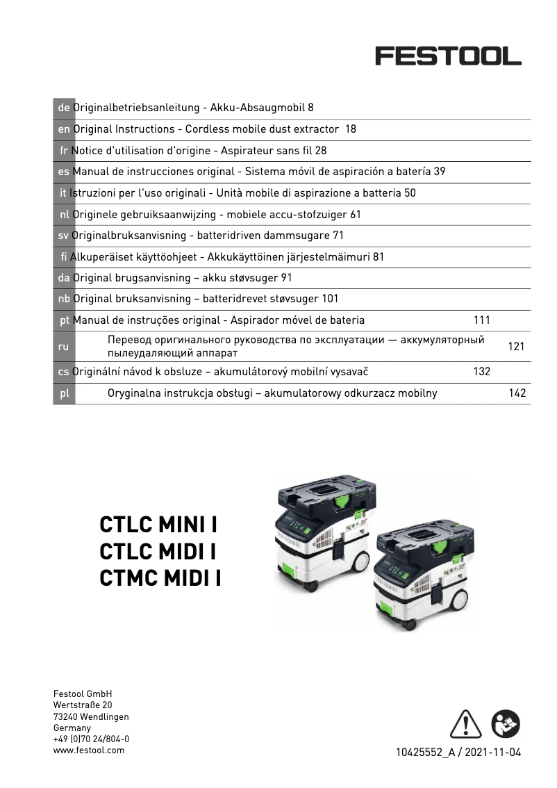 Page 1 de la notice Manuel utilisateur Festool Cleantec CTL MIDI I