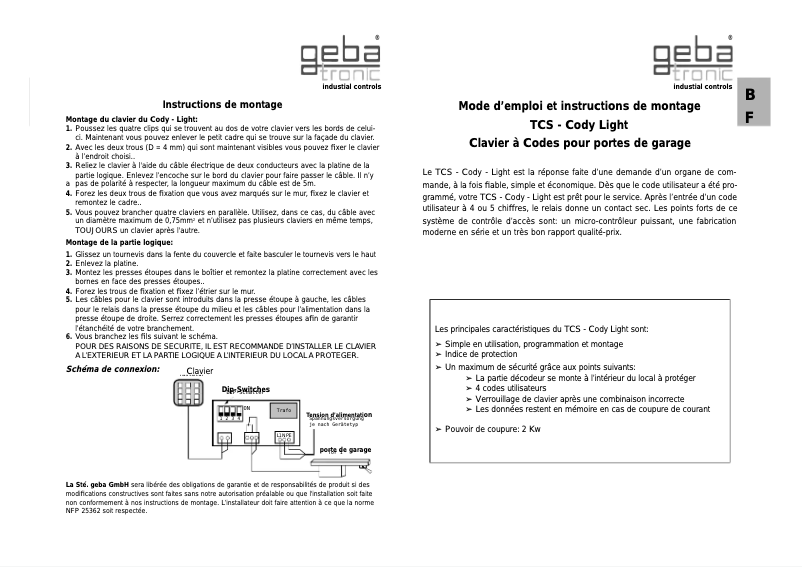 Page 1 de la notice Manuel utilisateur Geba Tronic TCS - Cody - Light