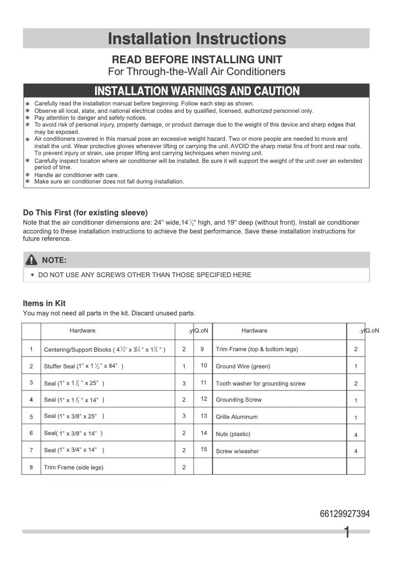 Page 1 de la notice Guide d'installation Frigidaire FFTA1033U1