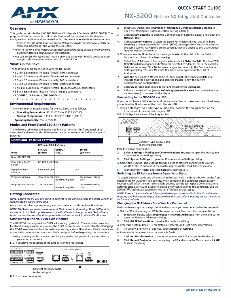 Page 1 de la notice Guide de démarrage rapide AMX NetLinx NX-3200