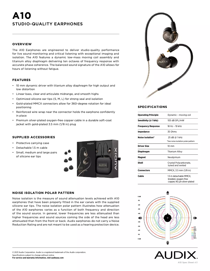 Page 1 de la notice Manuel utilisateur Audix A10