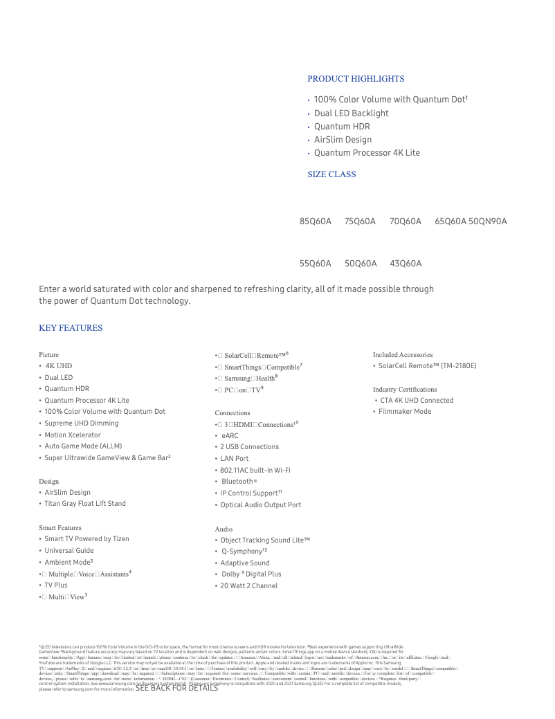 Página 1 del manual Ficha técnica Samsung QN75Q60A
