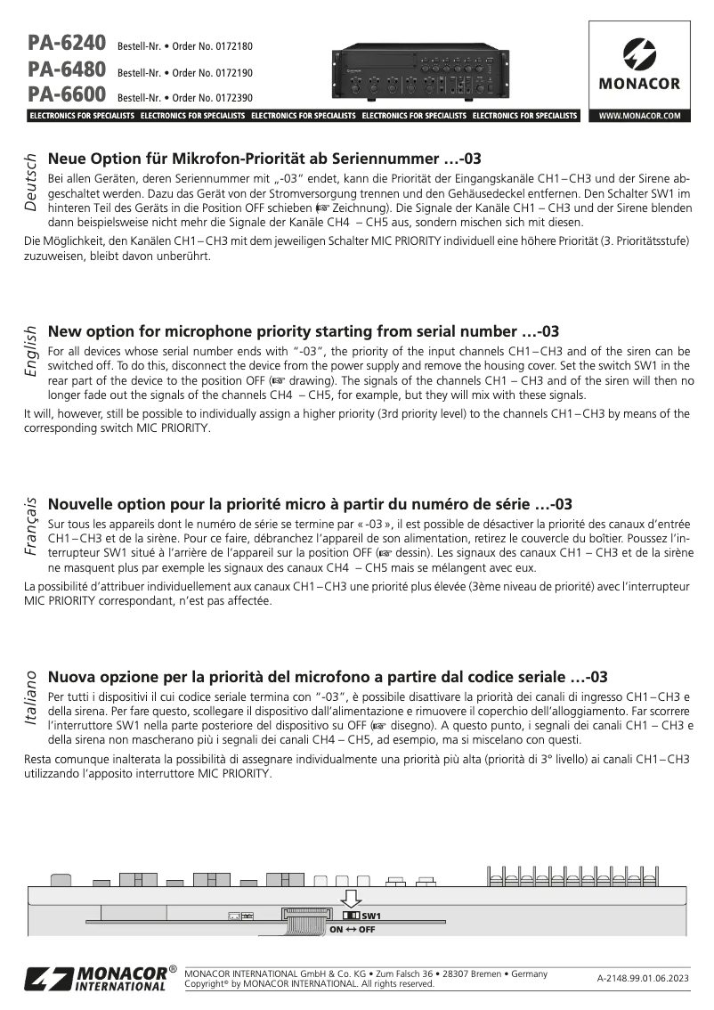 Page 1 de la notice Manuel utilisateur Monacor PA-6240