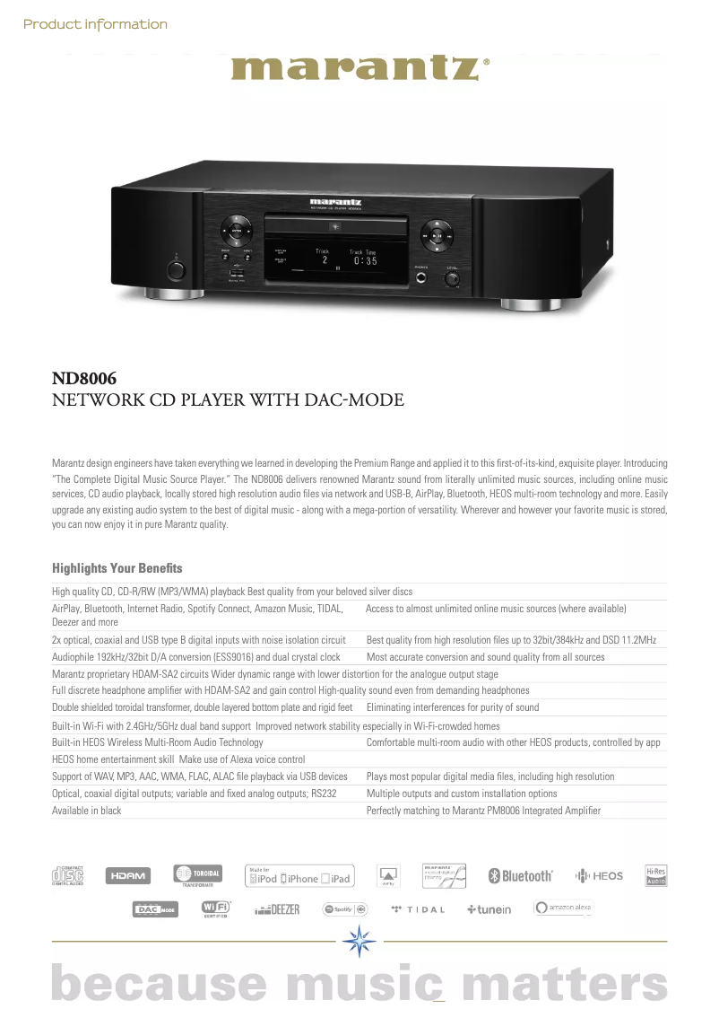 Page 1 de la notice Fiche technique Marantz CD5005