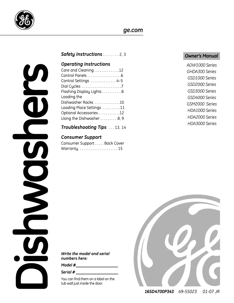 Page n°1 - Manuel d'utilisation et d'entretien GE GSD2000JCC