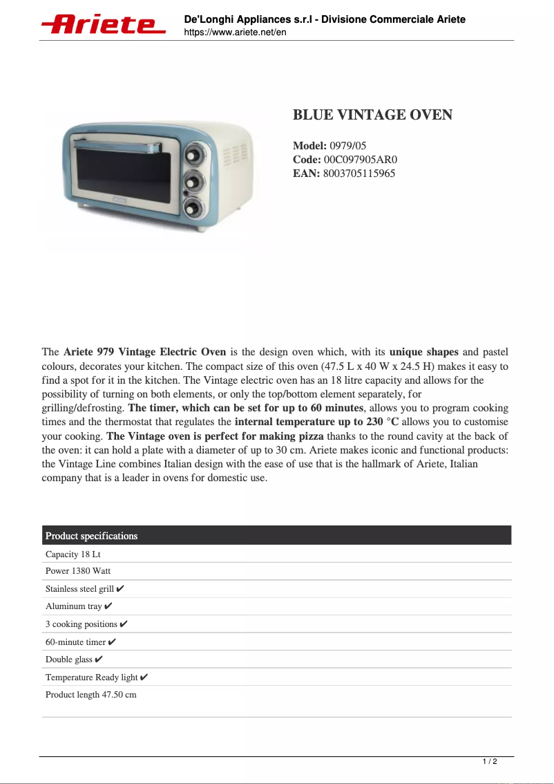 Page 1 de la notice Fiche technique Ariete 0979