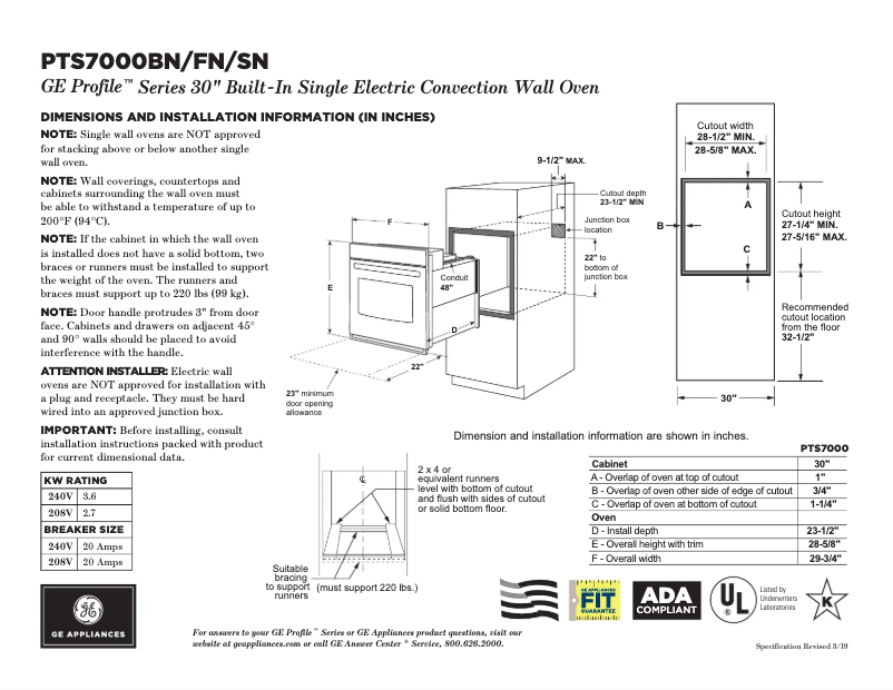Page 1 de la notice Fiche technique GE Profile PTS7000BNTS
