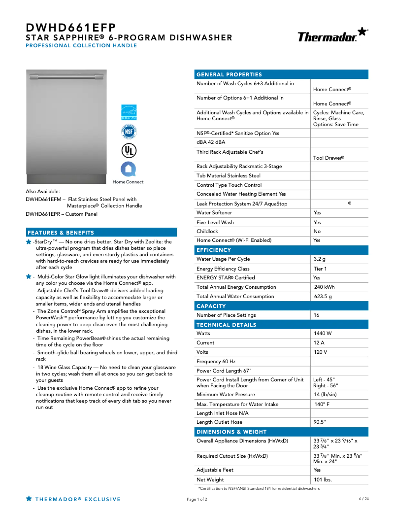Page 1 de la notice Fiche technique Thermador DWHD661EFP
