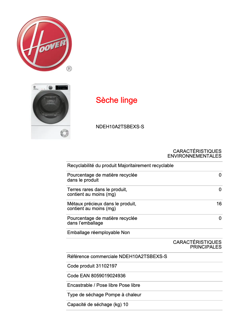 Página 1 del manual Ficha técnica Hoover NDEH10A2TSBEXS-S