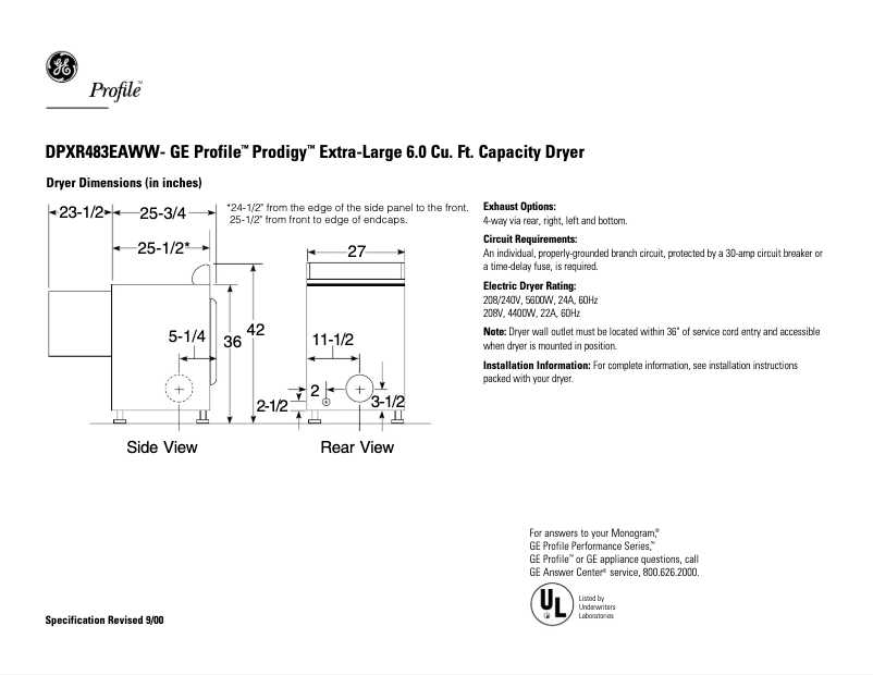 Página 1 del manual Ficha técnica GE Profile Prodigy DPXR483EAWW