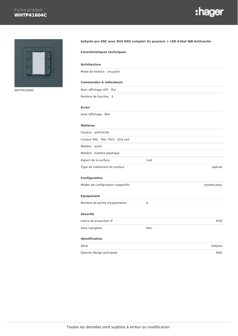 Página 1 del manual Ficha técnica Hager WHTP41604C