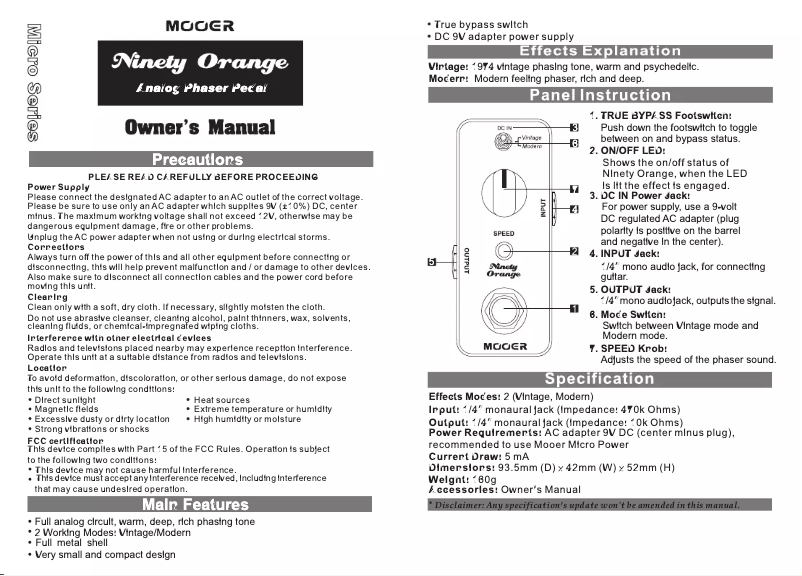 Page 1 de la notice Manuel utilisateur Mooer Ninety Orange