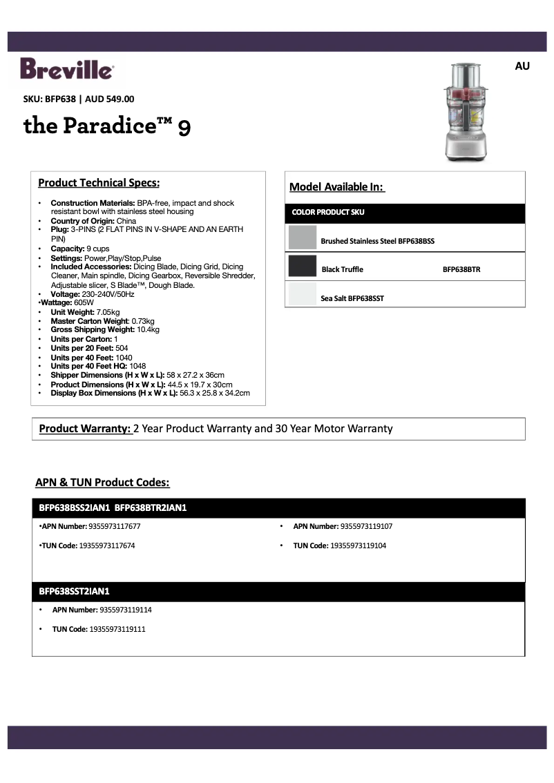 Page 1 de la notice Fiche technique Breville the Paradice 9 BFP638