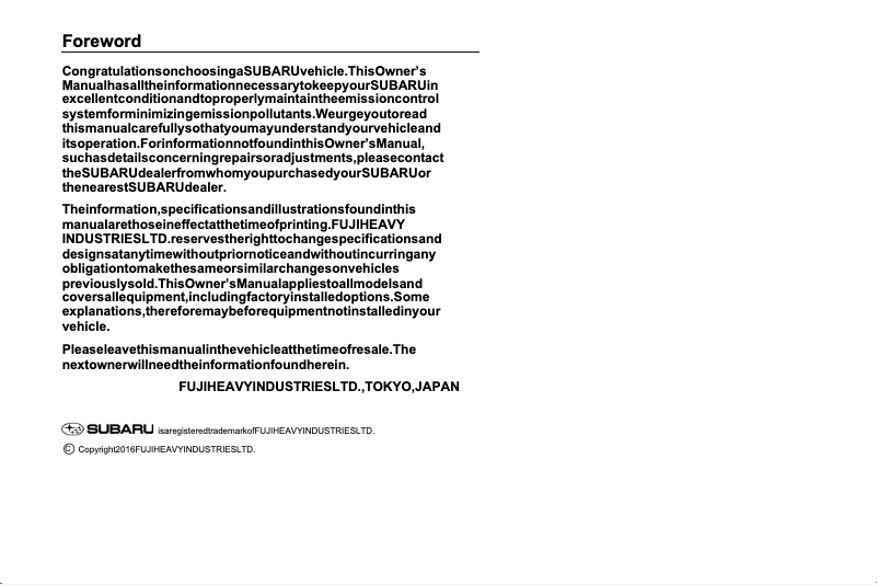 Page 1 de la notice Instructions de sécurité Subaru Forester (2017)