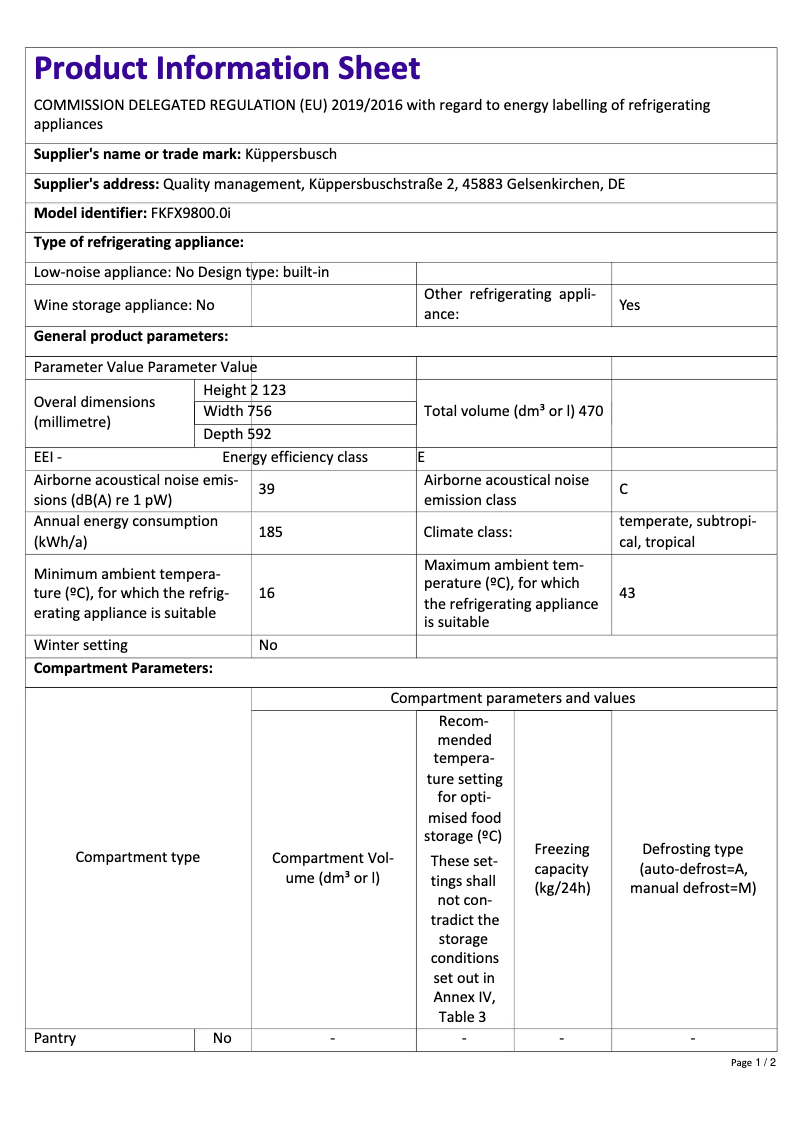 Page 1 de la notice Fiche technique Küppersbusch FKFX9800.0i