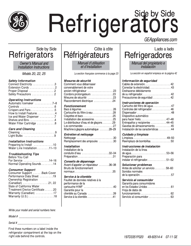 Page n°1 - Manuel d'utilisation et d'entretien GE GSH22JGCWW