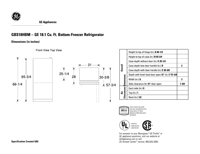 Page n°1 - Fiche technique GE GBS18HBMBB
