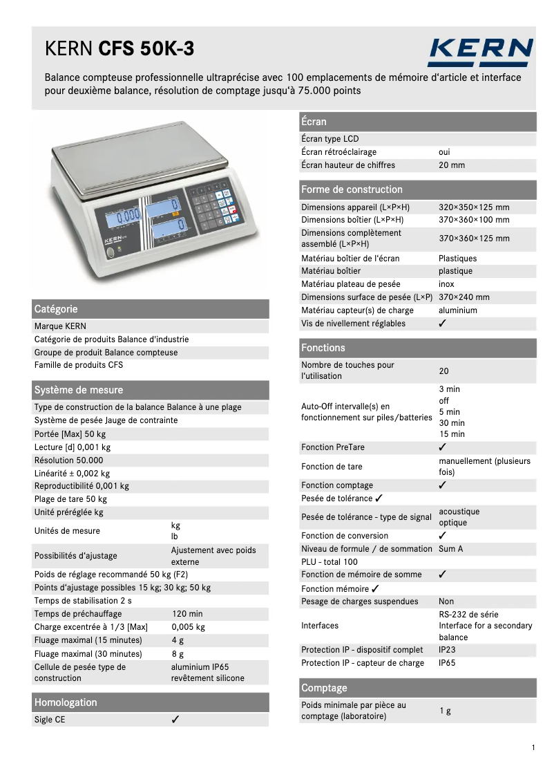 Page 1 de la notice Fiche technique Kern CFS 50K-3