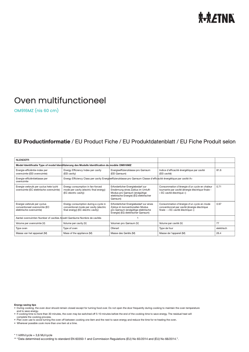 Page 1 de la notice Fiche technique Etna OM916MZ