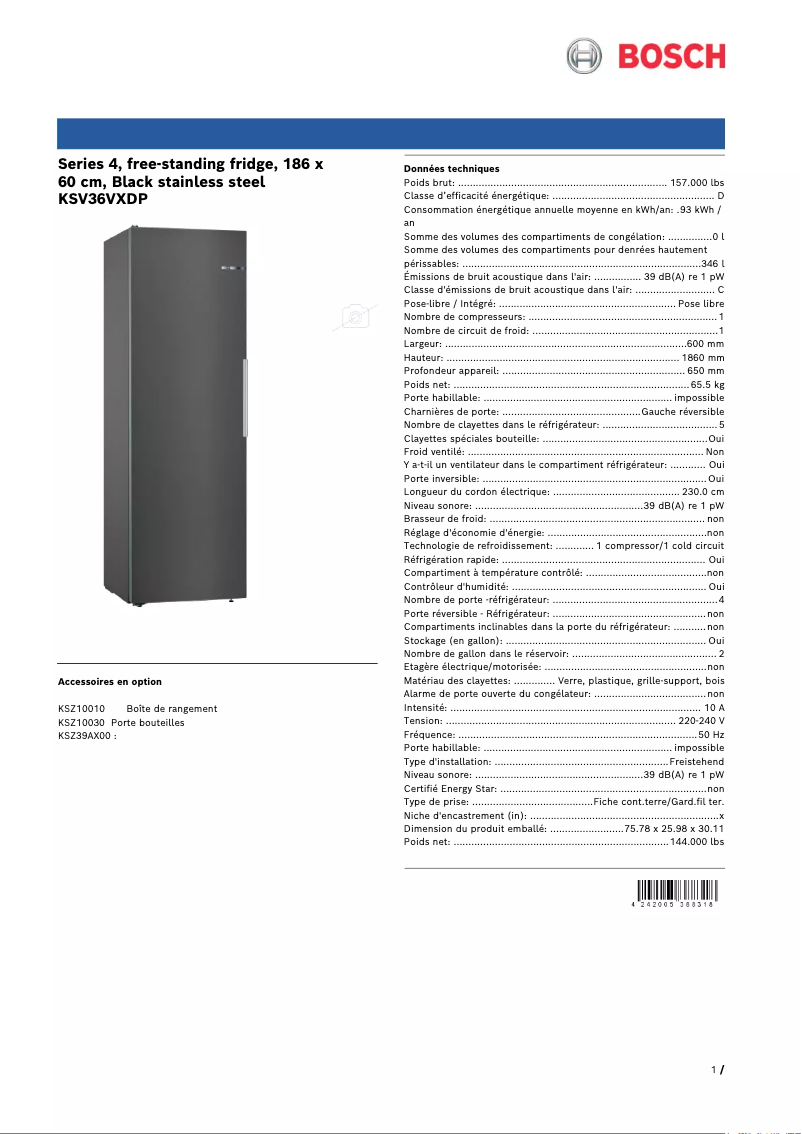 Page 1 de la notice Fiche technique Bosch KSV36VXDP