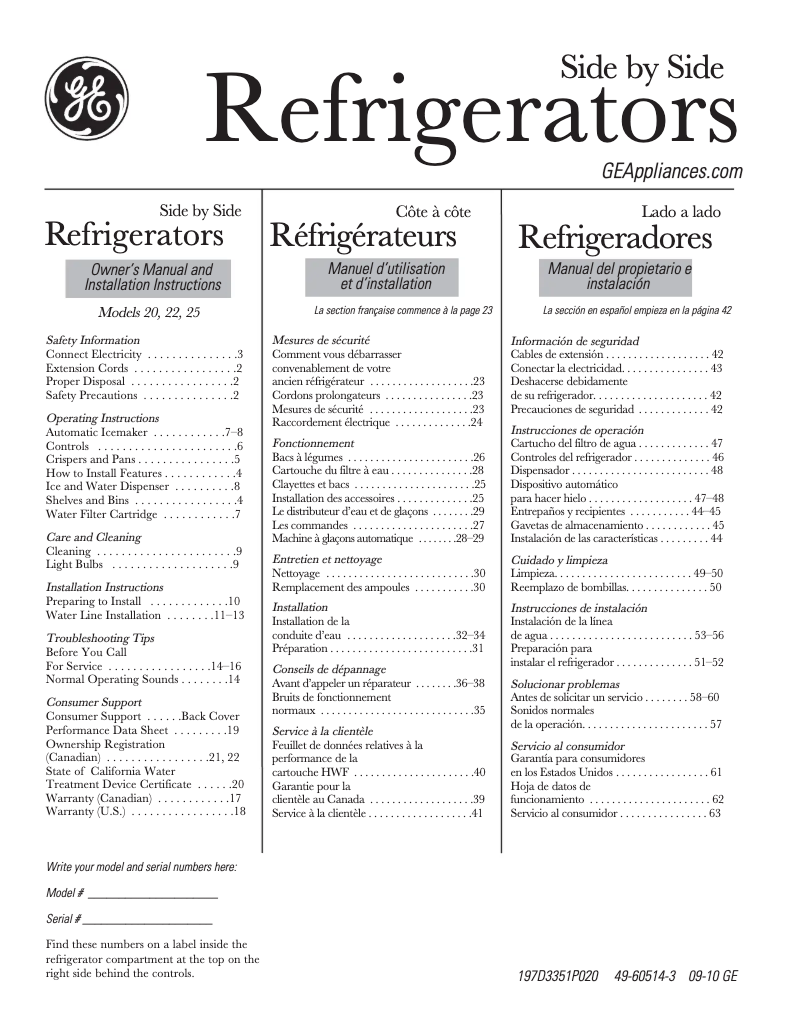 Page 1 de la notice Manuel utilisateur GE GSF25JGCBB