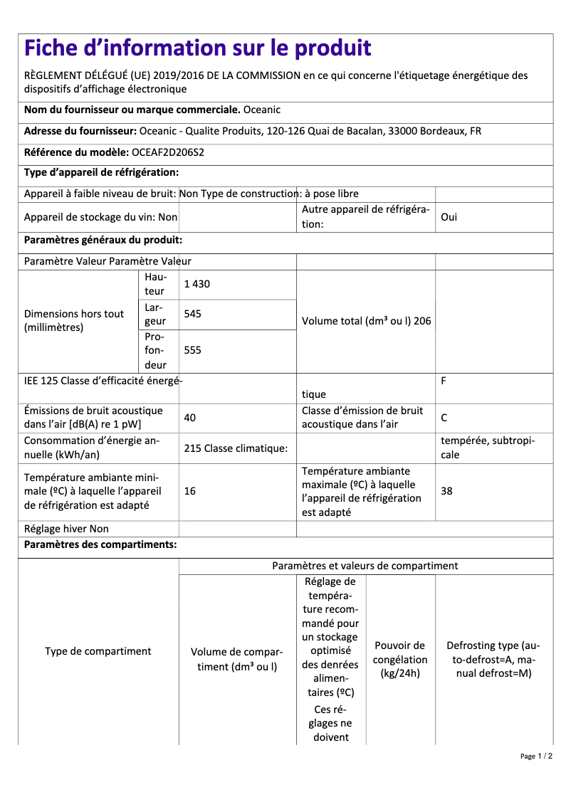 Page 1 de la notice Label énergétique Continental Edison OCEAF2D206W2