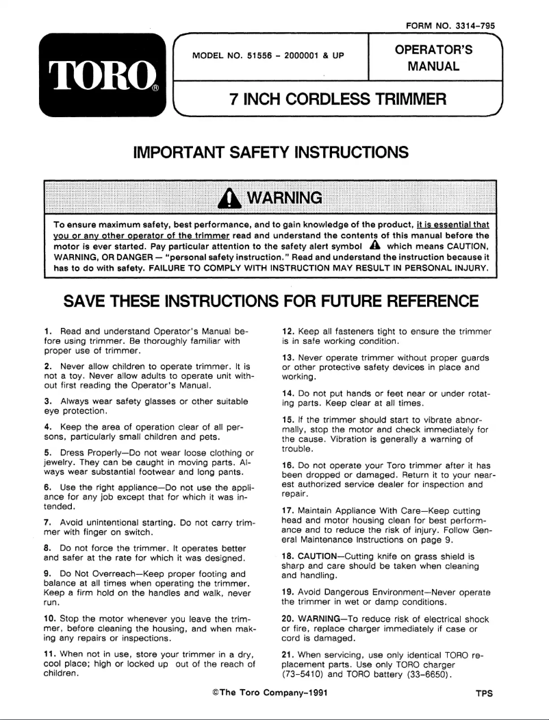 Page 1 de la notice Manuel utilisateur Toro 51561