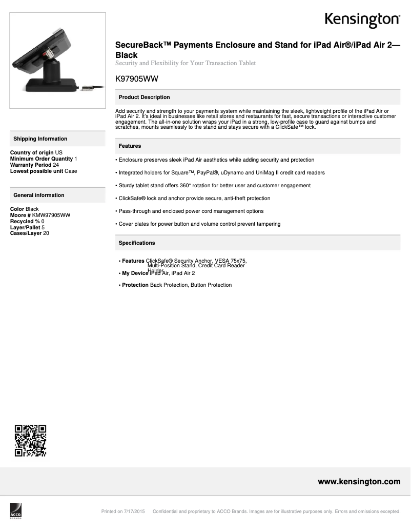 Page 1 de la notice Fiche technique Kensington SecureBack