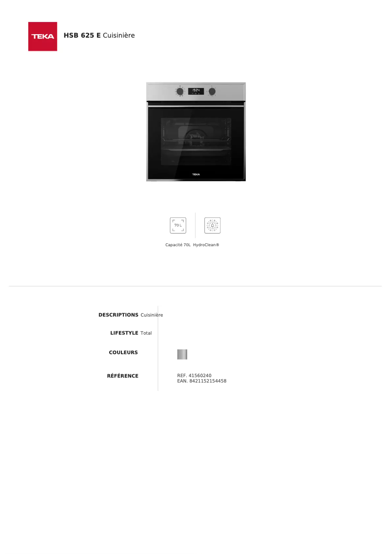 Page 1 de la notice Fiche technique Teka HSB 625 E