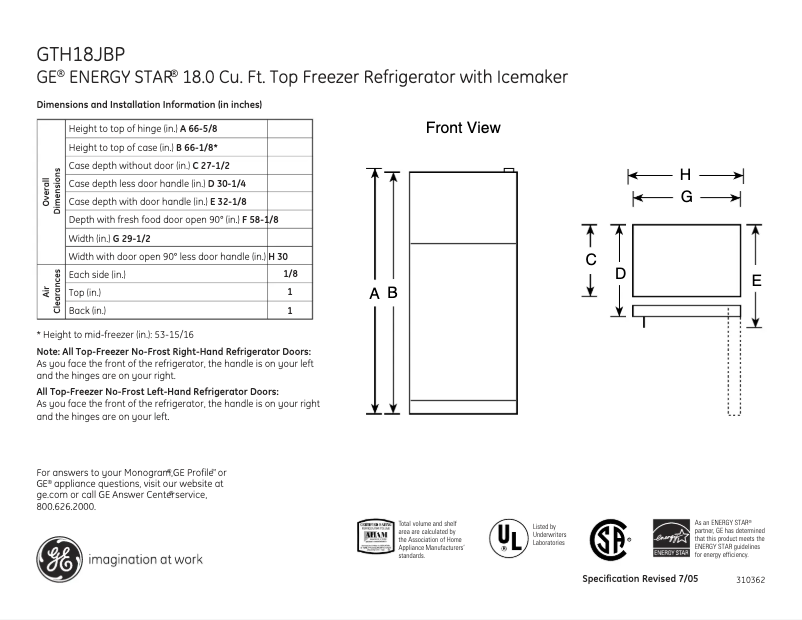 Página 1 del manual Ficha técnica GE GTH18JBPCC