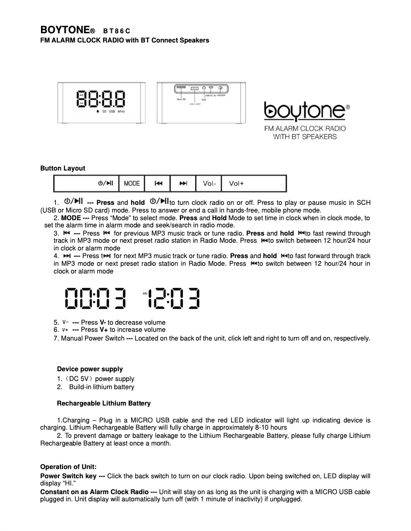 Page 1 de la notice Manuel utilisateur Boytone BT-86C