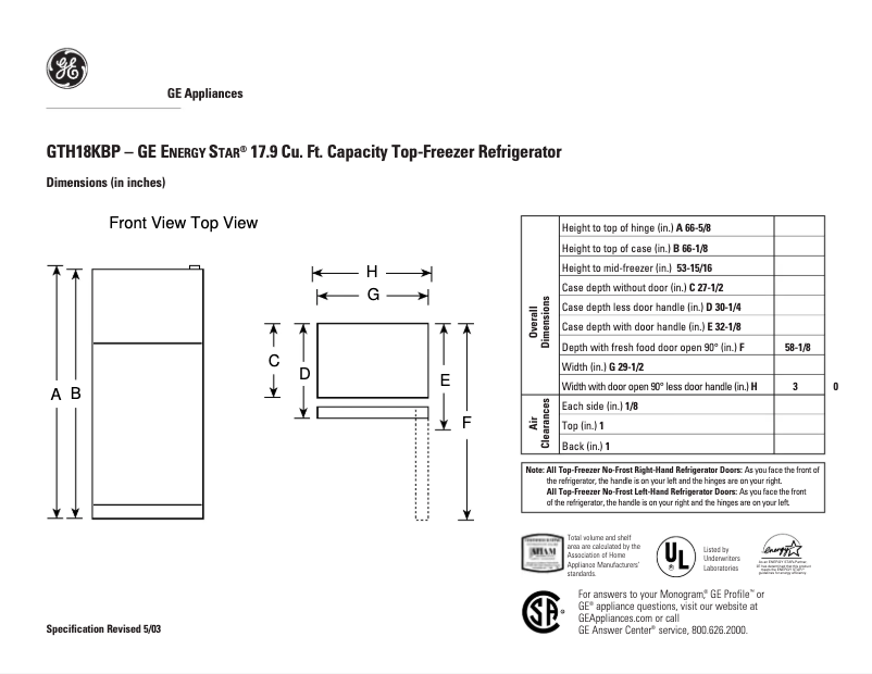 Page n°1 - Fiche technique GE GTH18KBPBB