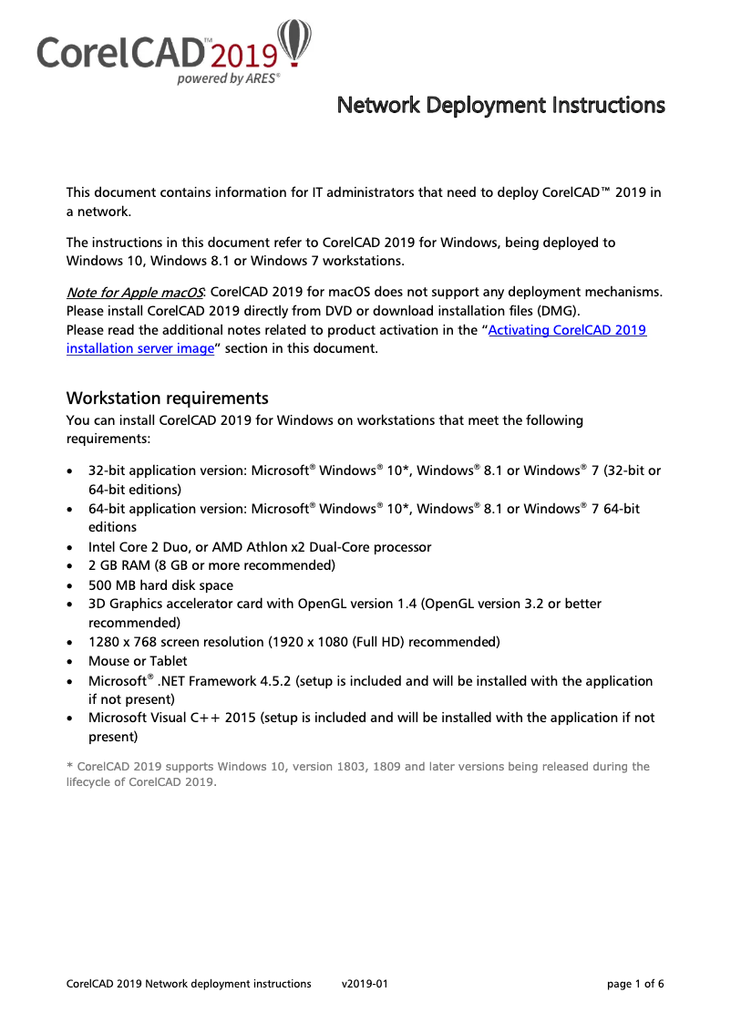 Page 1 de la notice Instructions / montage Corel CAD 2019