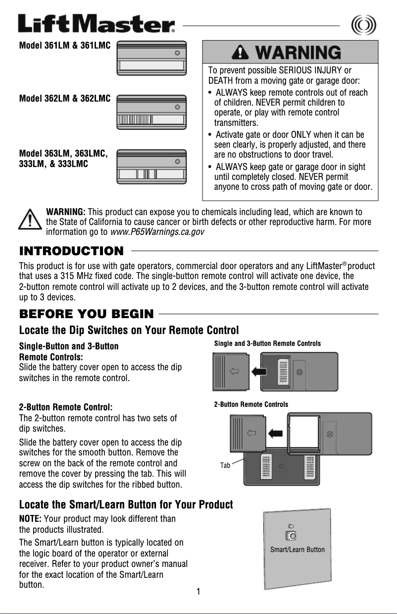 Page 1 de la notice Manuel utilisateur LiftMaster 362LMC