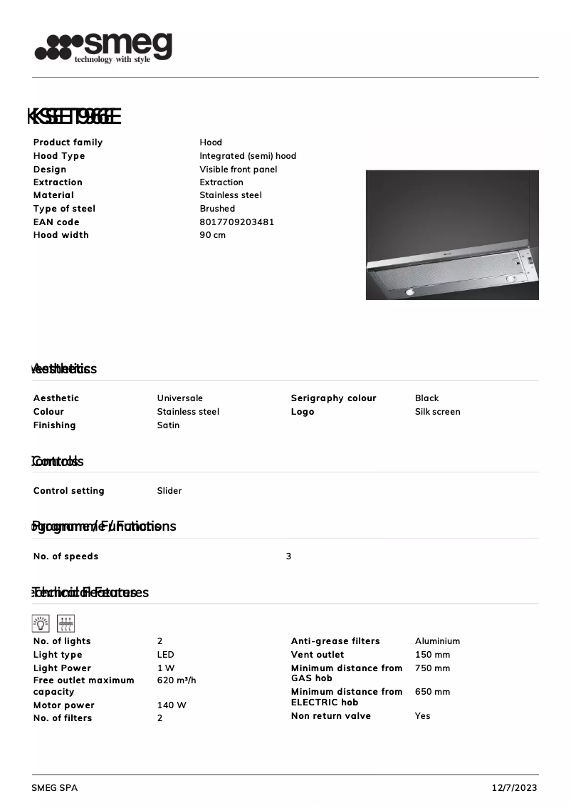 Page 1 de la notice Fiche technique Smeg KSET96E