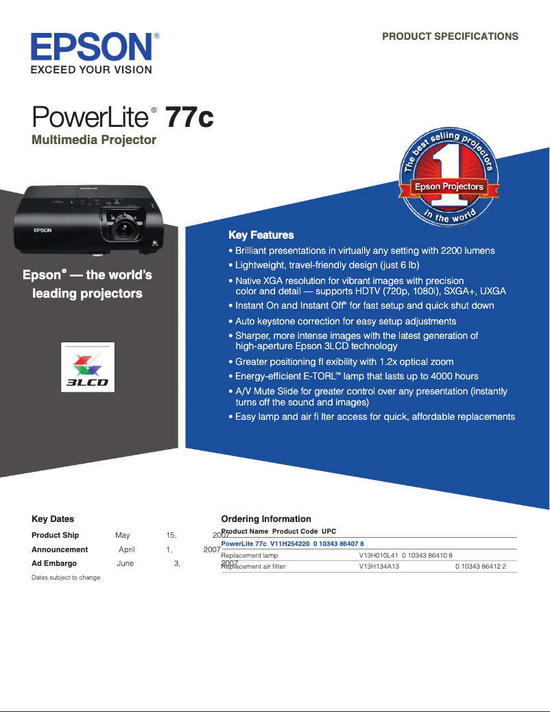 Página 1 del manual Folleto Epson PowerLite 77c