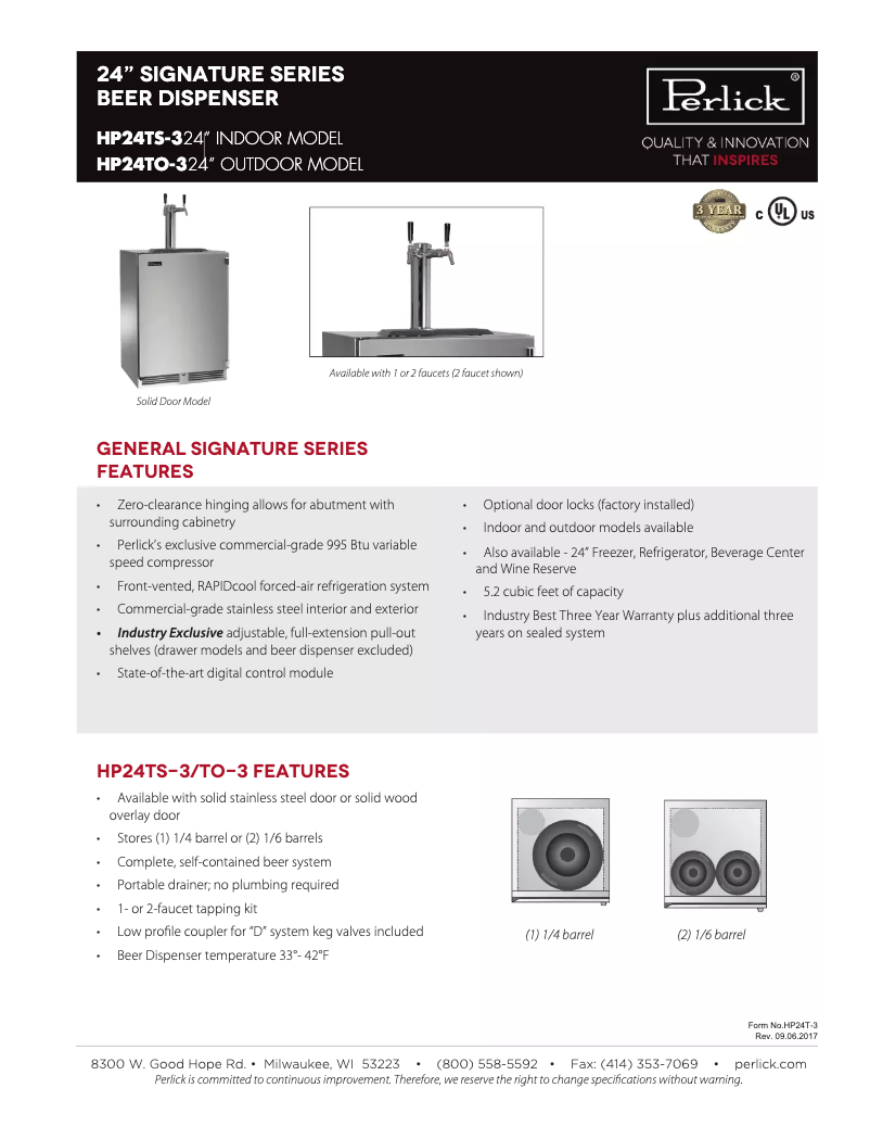 Page 1 de la notice Fiche technique Perlick HP24TS32L2