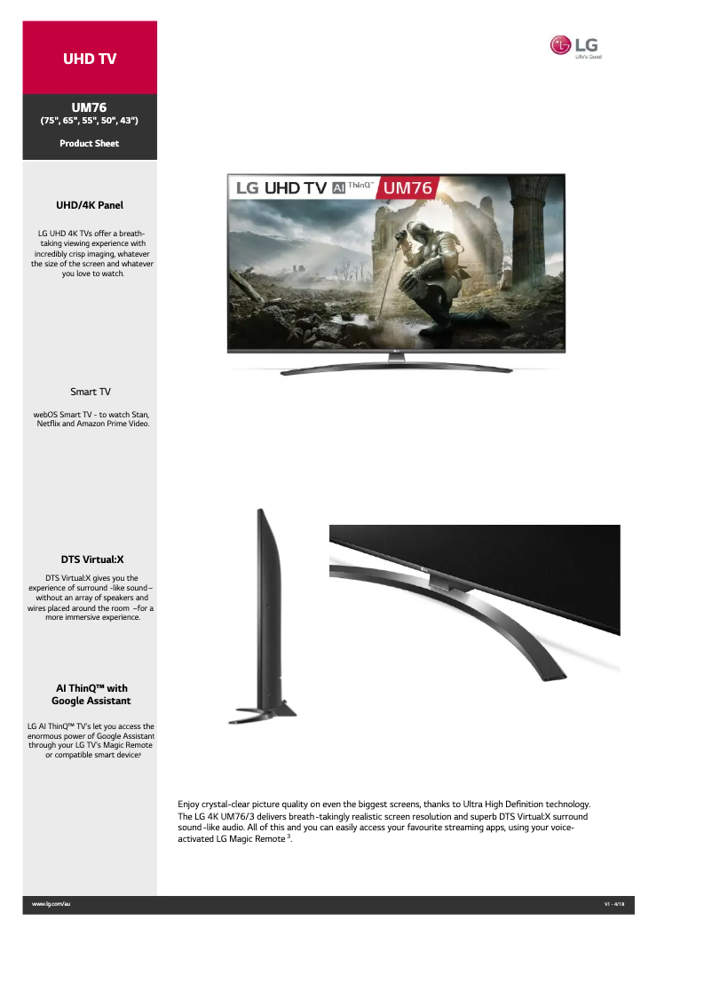 Page 1 of the manual Technical Sheet LG 55UM7600PTA