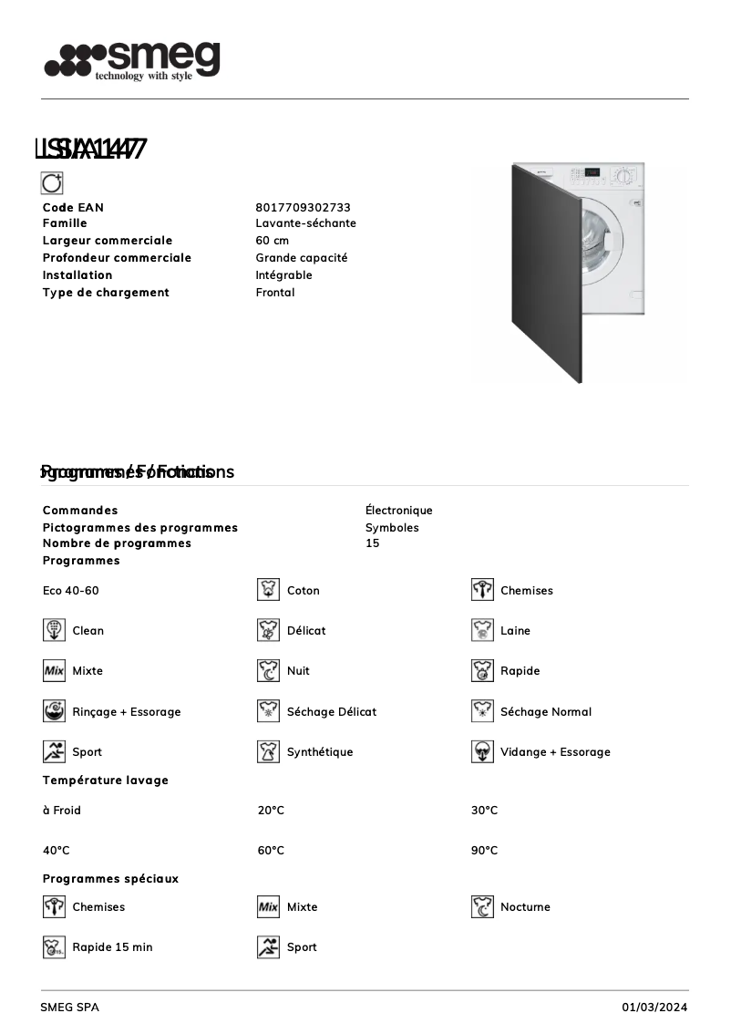Page 1 de la notice Fiche technique Smeg LSIA147