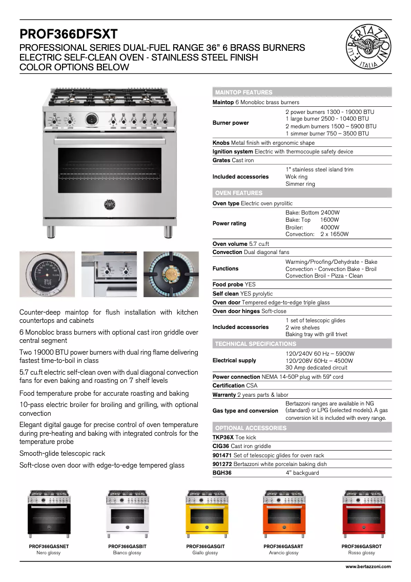 Page 1 de la notice Fiche technique Bertazzoni PROF366DFSBIT